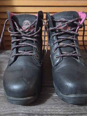 Brahma Black Lace-Up Women’s Work Boots with Pink Accents